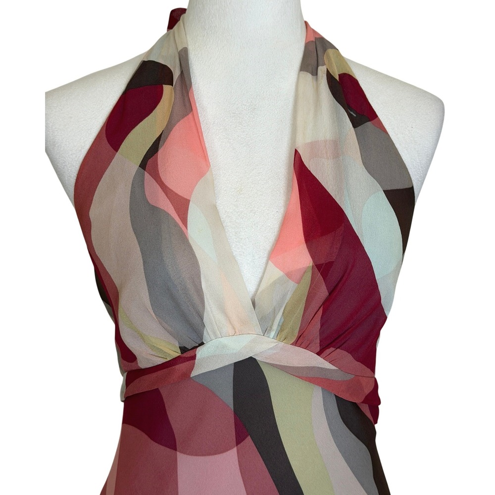 BCBGMaxAzria 100% Silk Halter Abstract Swirl Midi Dress Size 10 Y2K Backless - Picture 2 of 14
